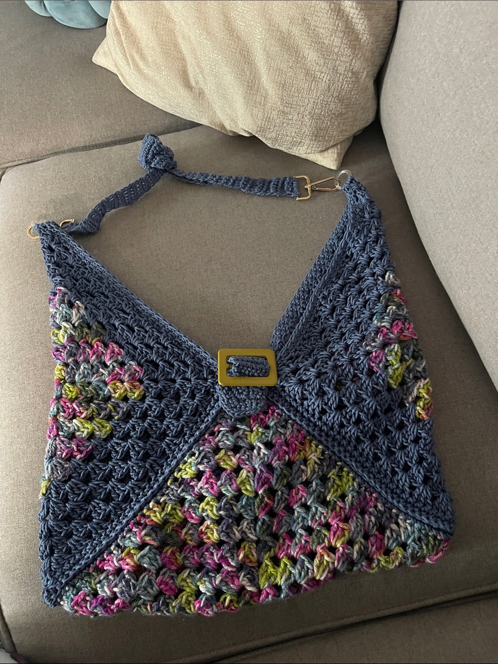 Navy Multicolor Crochet Shoulder Bag with Accent Buckle